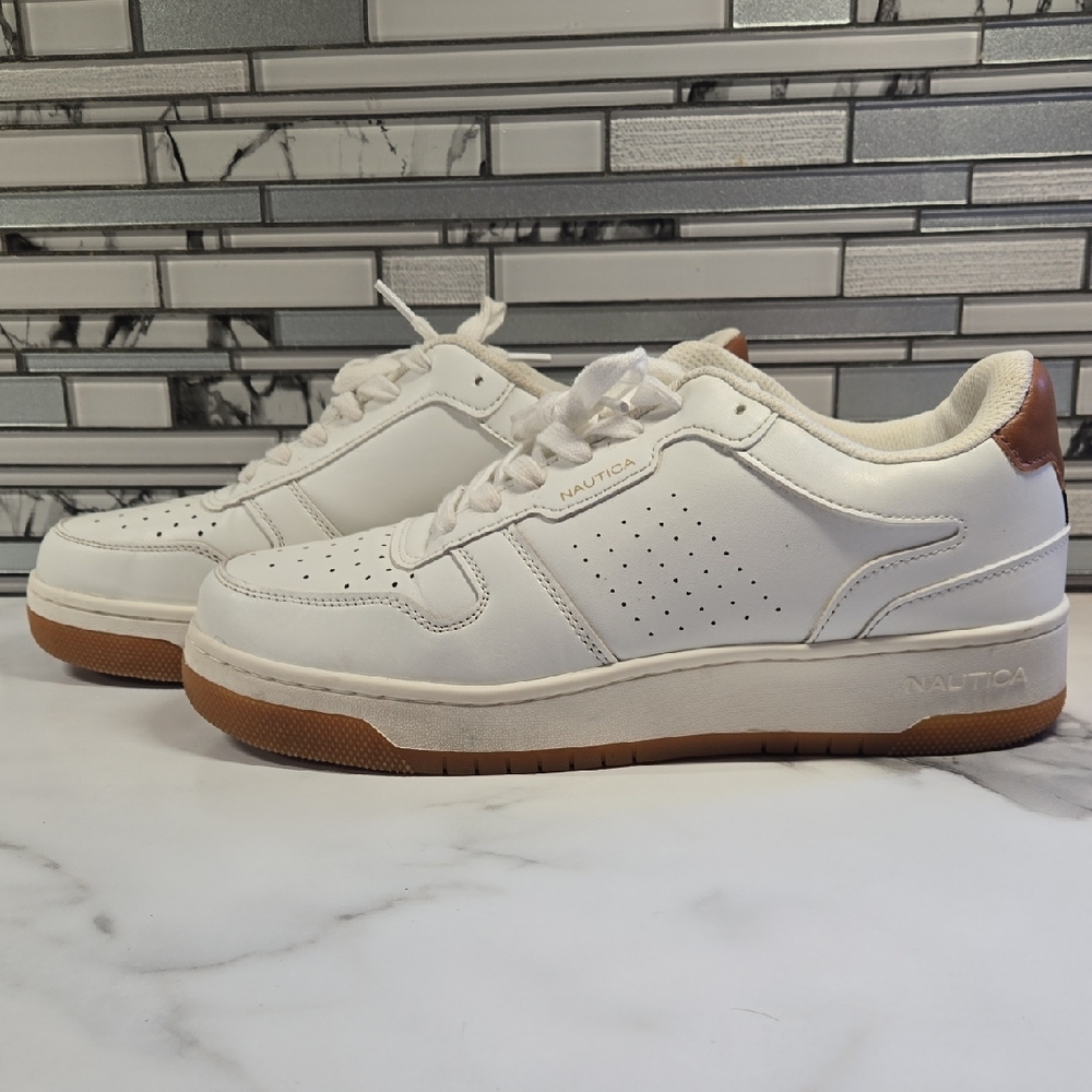 Nautica Men's White and Tan Sneakers Style Name: STAFFORD